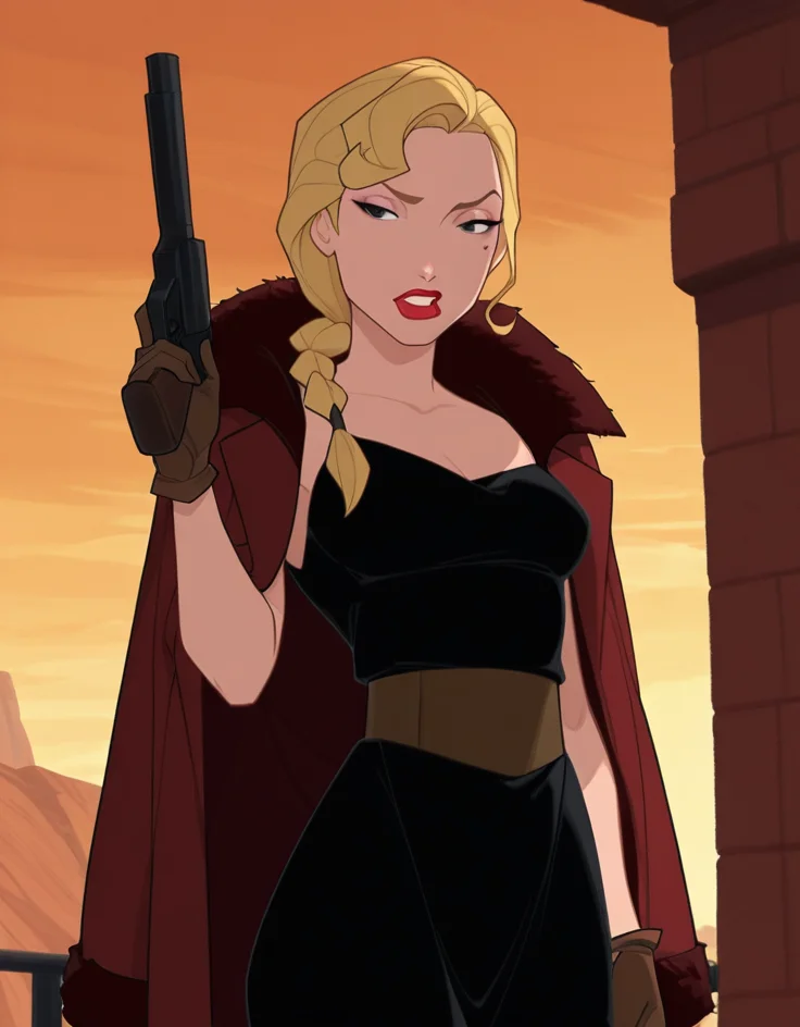 masterpiece, best quality, amazing quality, very aesthetic, absurdres, newest, detailed background, 4k, 8k, outdoors, beautiful eyes, hyperdetailed,
helgaxd, blonde hair, lips, 1girl, solo, blonde hair, gloves, black eyes, lipstick, braid, makeup, red lips, brown gloves, gun, weapon, black dress, red fur coat, single braid, holding, long hair, mole under eye,
<lora:Helga_Sinclair_-_Disney_Illustrious:1>