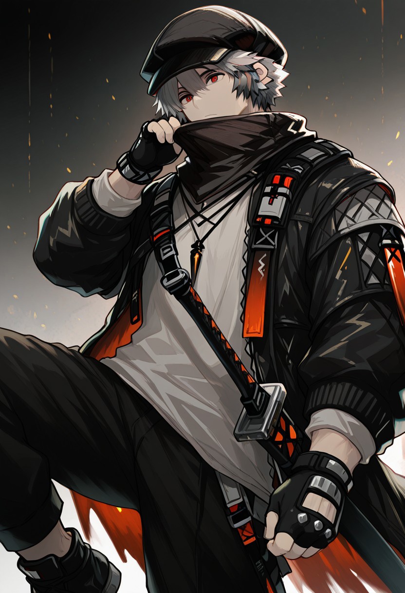 solo, 1boy, male focus, black jacket, red eyes, long sleeves, fingerless gloves, grey hair,  black cabbie hat, shirt, black pants, black footwear, sword, sheath, hair between eyes, open jacket, bear_ears, 
masterpiece,
