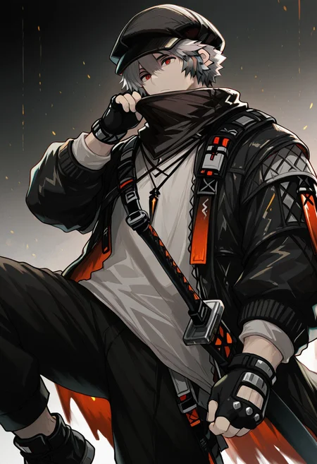 solo, 1boy, male focus, black jacket, red eyes, long sleeves, fingerless gloves, grey hair,  black cabbie hat, shirt, black pants, black footwear, sword, sheath, hair between eyes, open jacket, bear_ears, 
masterpiece,