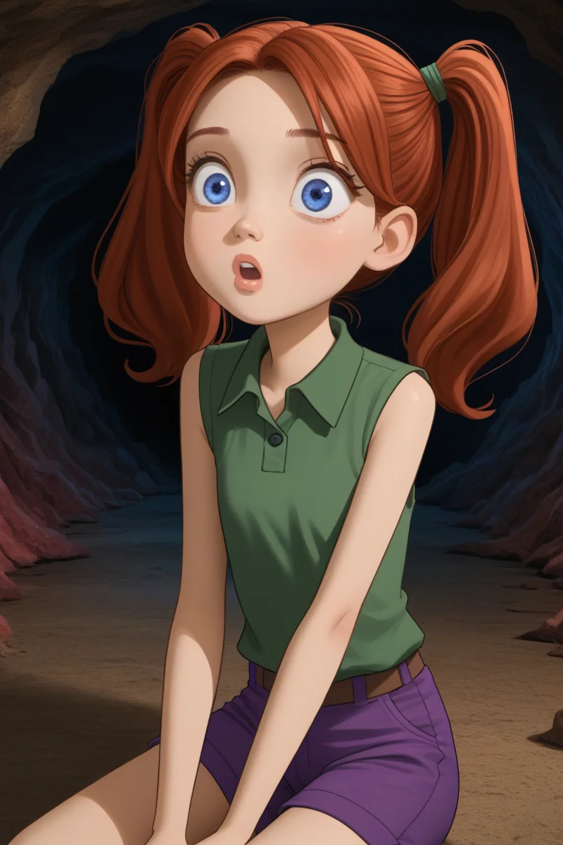 rating_safe,1girl, solo, cute, slim, small chest, green shirt, sleeveless shirt, brown vest, purple shorts, blue eyes, big eyes, auburn hair, twintails, parted lips, shock, cave,
 <lora:Expressive_H:1>
 <lora:Jabstyle_AMXLV1:1> jabstyle,