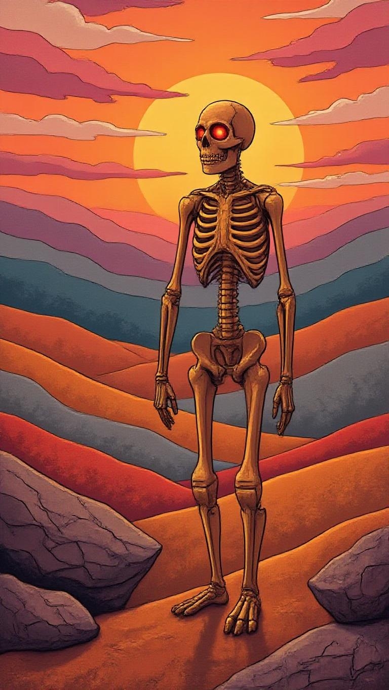 <lora:FolkCartoon.safetensors:1>  Low-poly digital artwork with geometric facets resembling crystalline surfaces, bold saturated colors, and smooth gradients. The subject is a skeleton with glowing red eyes, its bone structure reimagined as angular, flat facets with warm amber and cool gray tones. The eyes radiate a deep crimson, contrasting sharply with the geometric bones. The setting is a desert at sunset, the sky a mosaic of warm oranges, pinks, and purples, blending into cool blues and grays. The rocks and terrain are simplified into repeating angular patterns, their shadows elongated and dramatic, cast by a single radiant light source. The scene exudes a serene yet eerie mood, balancing vibrant colors with a sense of spaciousness and mystery.