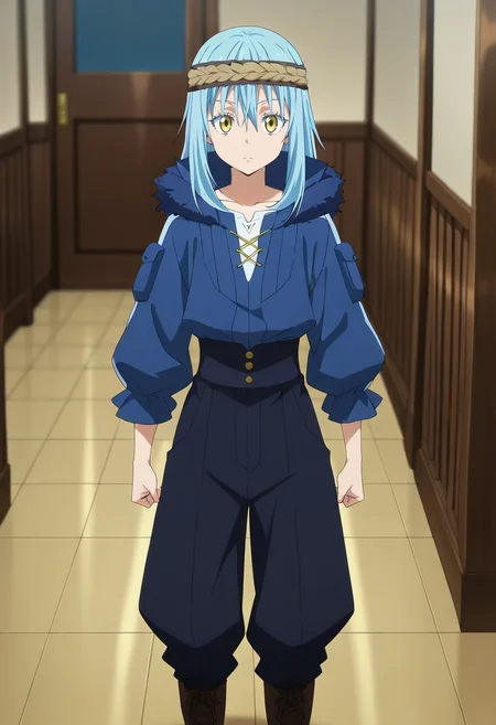masterpiece, best quality, intricate details, anime screencap, , , looking at viewer, depth of field, 1boy, male focus, solo, <lora:rimuru_tempest_ilxl:0.96>, rimuru_tempest, blue hair, yellow eyes, long hair, bangs, hair between eyes, , , Brocade Straight-leg chinos, Parka, , ,|Paperbag waist pants, Puff sleeve blouse, Lace-up boots, Feathered headband, and