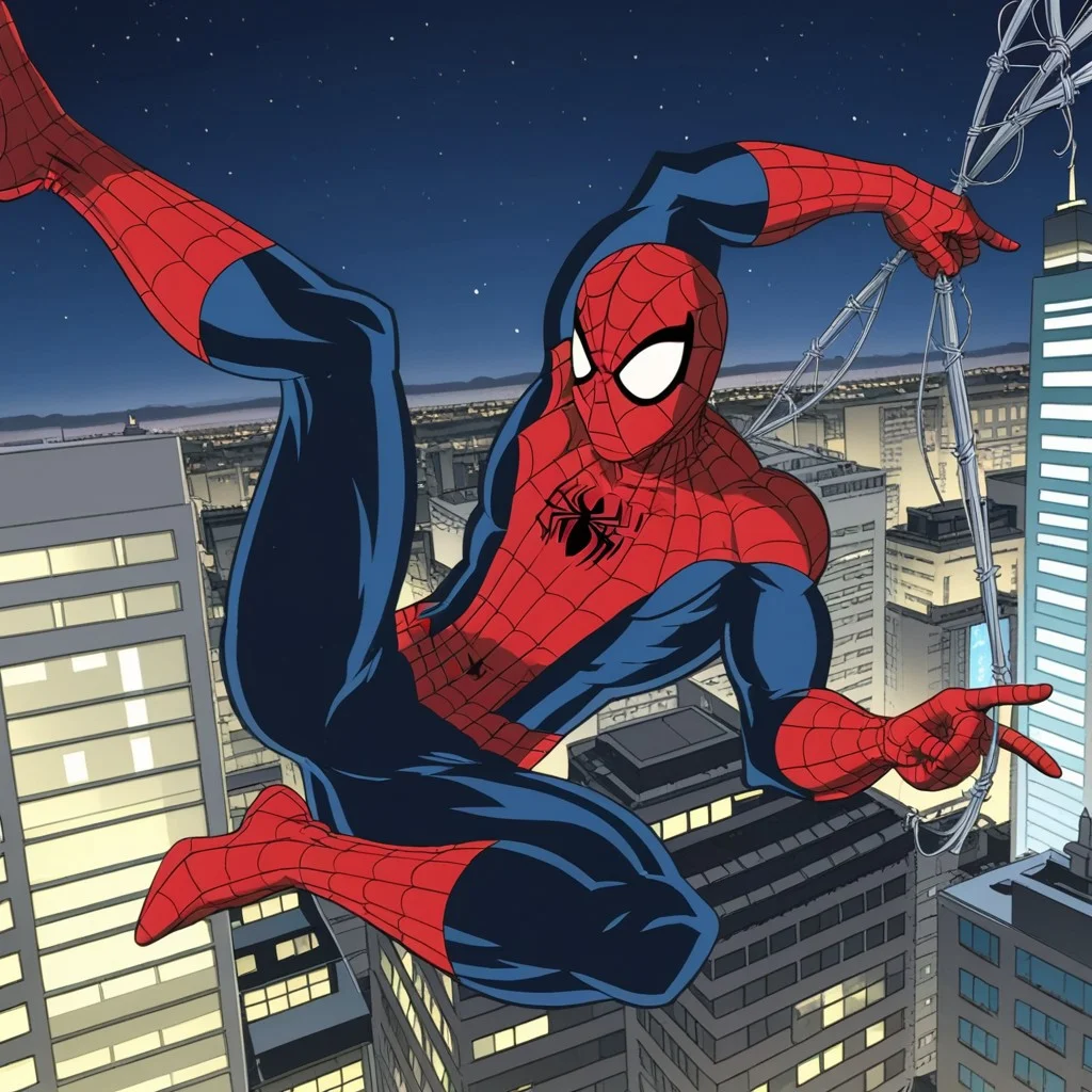 ,spider web, city, night,city skyline,outdoors,  spider-man, holding web,  spider webs, webs, webswinging,flying,