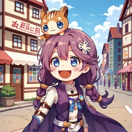 score_9, score_8_up, score_7_up, open mouth, smile, chibi, :d, :3, <lora:GyateGyate_pdxl_Incrs_v1:1>,village, emmacs3, crossed belts, hair ornament, long sleeves, purple coat, sleeveless long coat, white belt, white shirt, <lora:emma-rebake3:0.9>blue eyes,