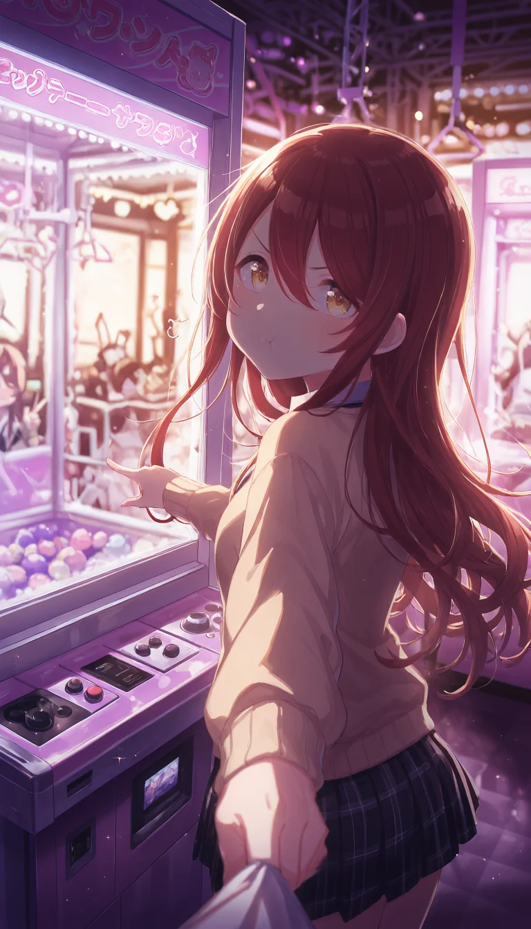 1girl, osaki tenka,idolmaster shiny colors,brown hair,yellow eyes, (:t:1.3),(pouting:1.3),blush,(v-shaped eyebrows:1.2),(angry expression:1.2),closed mouth, pulling pov, (pointing at container:1.2), wearing school uniform,grey tie,beige sweater,black pleated skirt,white shirt, BREAK playing on crane game, playful atmosphere, outside container, indoors, game centre, arcade, reflection, (crane game:1.2), ufocatcher, holding viewer shirt, glass, BREAK dark, (purple shadow:1.5), (warm light from container:1.3), blurry sparkle, dramatic lighting, (dutch angle:1.4), (glowing:1.2),(blurry background:1.6), (from behind:1.5), (looking at viewer:1.4), close-up, QUALITY (masterpiece, very aesthetic, absurdres), <lora:Dramatic Lighting SliderIL:4>, <lora:outline_xl_end:-6>,<lora:colorful_sdxl_v2_lbw:0.5>, <lora:darkness_xl_v20:0.9>, <lora:pulling-pov-illustriousxl-lora-nochekaiser:0.85>, <lora:UFO_CATCHER_PONY_V1:0.15>, <lora:il_contrast_slider_d1:0.2>, <lora:illustrious_quality_modifiers_masterpieces_v1:0.75>,