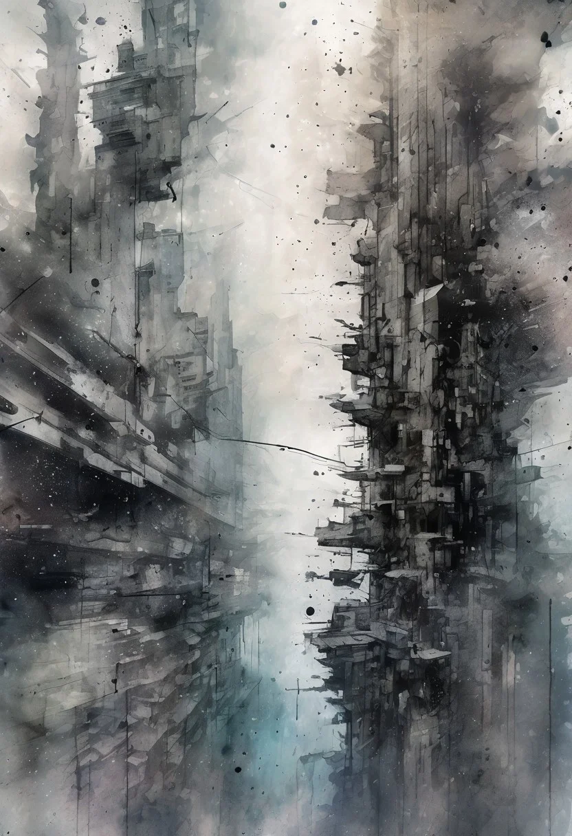 void, left blank, vacant space, ultra fine painting, water wash ink splash, cyberpunk bark mega city, unbalance composition
