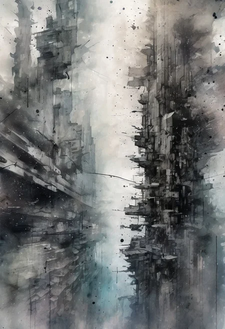 void, left blank, vacant space, ultra fine painting, water wash ink splash, cyberpunk bark mega city, unbalance composition