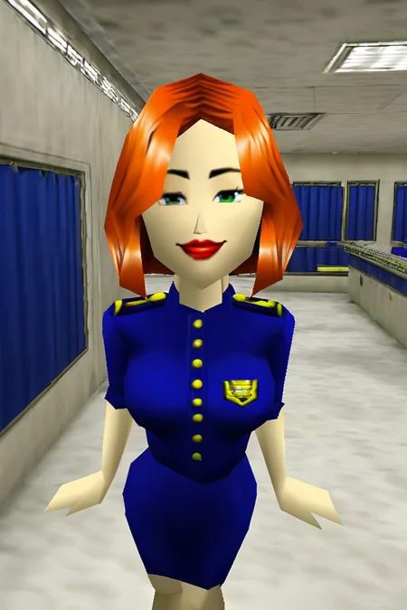low poly, an animated character, BREAK 1girl, solo, blue travel attendant uniform, jacket, breasts, smile, red lips, orange hair, medium hair, looking at viewer, smile, airplane interior
<lora:Ocarina64:.8>