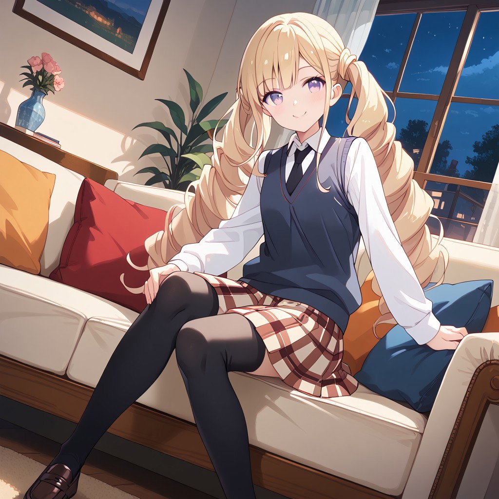 masterpiece, best quality, score_9, score_8_up, score_7_up, full body, 1 girl, looking at viewer, cowboy shot, dutch angle, indoors, sitting on couch, living room, night, blush, smile, Shia Foschurose, blone hair, twin drills, twintails, purple eyes, school uniform, sleeveless sweater vest, white shirt, black tie, long sleeved shirt, plaid skirt, black thighhighs, brown loafers