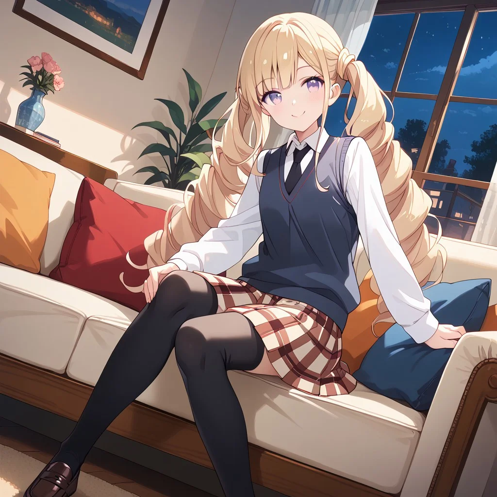 masterpiece, best quality, score_9, score_8_up, score_7_up, full body, 1 girl, looking at viewer, cowboy shot, dutch angle, indoors, sitting on couch, living room, night, blush, smile, Shia Foschurose, blone hair, twin drills, twintails, purple eyes, school uniform, sleeveless sweater vest, white shirt, black tie, long sleeved shirt, plaid skirt, black thighhighs, brown loafers