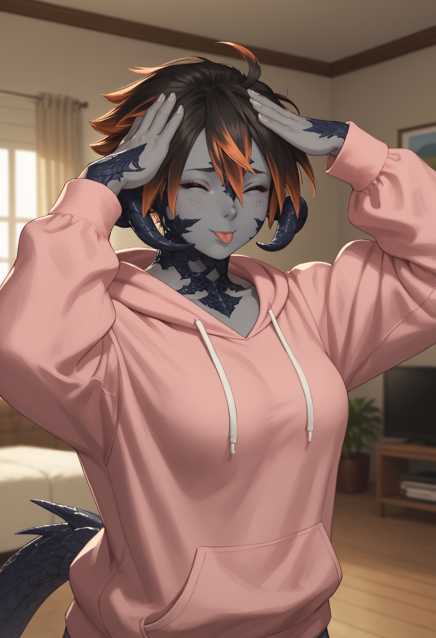 score_9, score_8_up, score_7_up, 1girl, Kyarine, dragon girl, grey skin, horns, ringed eyes, freckles, scales, short hair, streaked hair, two-tone hair, black hair, spiked tail, medium breasts, grey nails, muscular female,
pink hoodie, no pants, oversized clothes, oversized hoodie,
looking at viewer,
indoors, living room,
<lora:Kyarine-Cath-PDXL_V2-Manityro-CAME:1.0>, <lora:AhEtoBlehMeme_pdxl_Incrs_v1:0.8>, AhEtoBlehMeme, closed eyes, tongue out, :p, hands on own head, smile