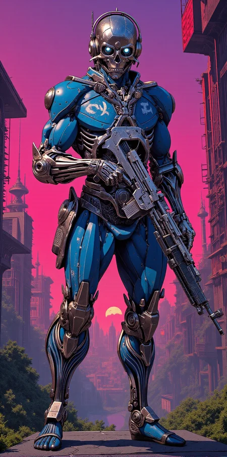 cyberpunk realistic anime ilustration, military male cyborg soldier with robotic body and with assalut rifle ready to shoot look for rebels in neon jungle, sharp plines, anime outlines, best quality, masterpiece <lora:BLUE_mk4_angel_FLUX_03:1.4> <lora:CPA:0.8> <lora:ArtDecoVintageFutureFlux:1>