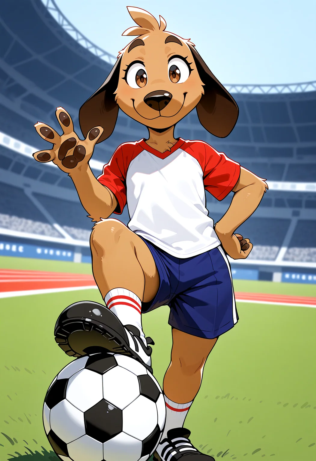 masterpiece, best quality, amazing quality, very aesthetic, absurdres, newest, solo, anthro, furry, dog, black ears, floppy ears, brown eyes, brown fur, blue shorts, white top, short red sleeves, socks, black shoes, foot on small soccer ball, smiling, looking at viewer, hand on hip, waving, stadium, (depth of field), ((4 digits)), <lora:Striker_-_1994_FIFA_World_Cup_Mascot_Illustrious:1.2>