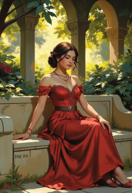 photorealistic, beautiful woman, red off-shoulder gown, sitting on stone bench, lush green foliage, stone pillars in background, sunlight filtering through trees, serene expression, fair skin, brunette hair in loose updo, elegant and graceful, soft light, romantic and tranquil atmosphere, detailed textures, high quality, realistic lighting, fantasy setting, digital art, cinematic style, fantasy painting.
Lghtn, c0mix2 perfection style aidmamj6.1