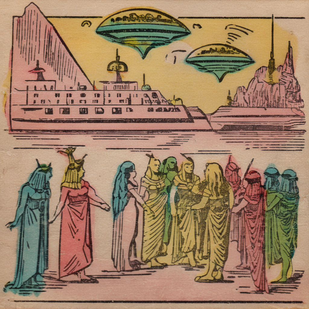 manucolgraf Cleopatra and aliens in the background of alien ships <lora:manucolgraf:0.8>