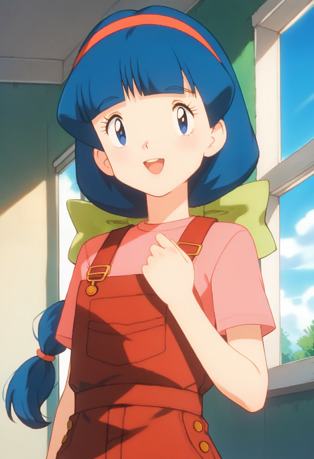 score_9, score_8_up, score_7_up, score_6_up, <lora:PMMelanie:0.9>, PMMelanie, aged up, blue eyes, blue hair, braided ponytail, blunt bangs, red hairband, green bow,
short sleeves, shirt, red overalls, pink shirt, yellow footwear,
looking at viewer, solo, smile, open mouth, 
BREAK blue sky, nature, sunlight, day, indoors, window,