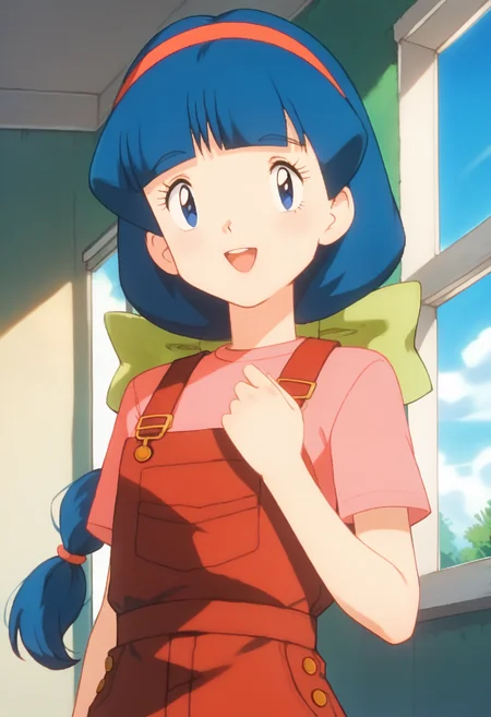 score_9, score_8_up, score_7_up, score_6_up, <lora:PMMelanie:0.9>, PMMelanie, aged up, blue eyes, blue hair, braided ponytail, blunt bangs, red hairband, green bow,
short sleeves, shirt, red overalls, pink shirt, yellow footwear,
looking at viewer, solo, smile, open mouth, 
BREAK blue sky, nature, sunlight, day, indoors, window,