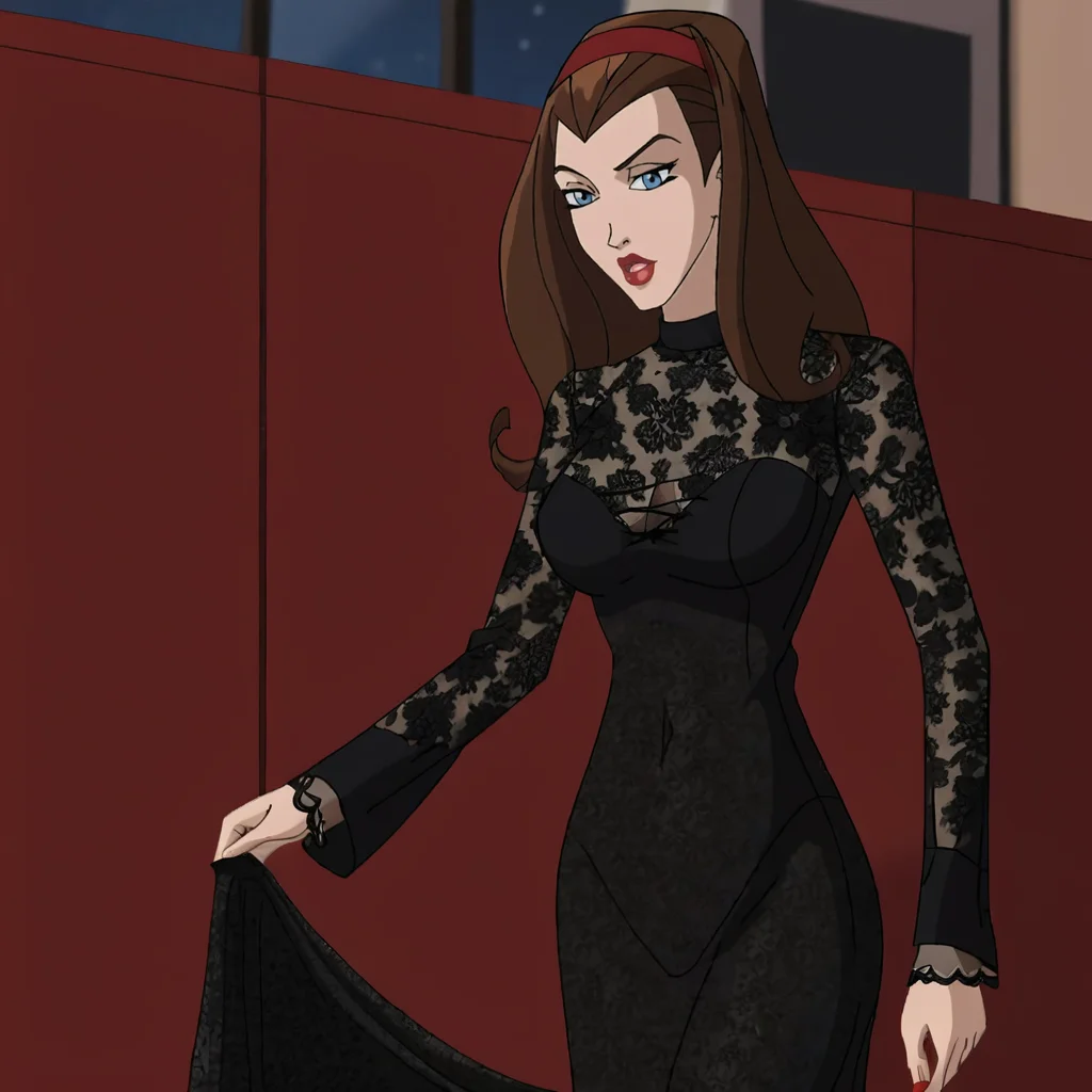 <lora:scarletwitchwolverineandxmen_pony_v3:.8>  ScarletWitchWolverineandTheXmenDress,   1girl, solo, hairband, blue eyes, large breasts,   long hair, brown hair,  lipstick, makeup, cowboy shot, <lora:1013 Home wear 30_v1_pony:1> ruanyi1013,black dress,floral print,long dress,long sleeves,see-through dress,skin tight,lace