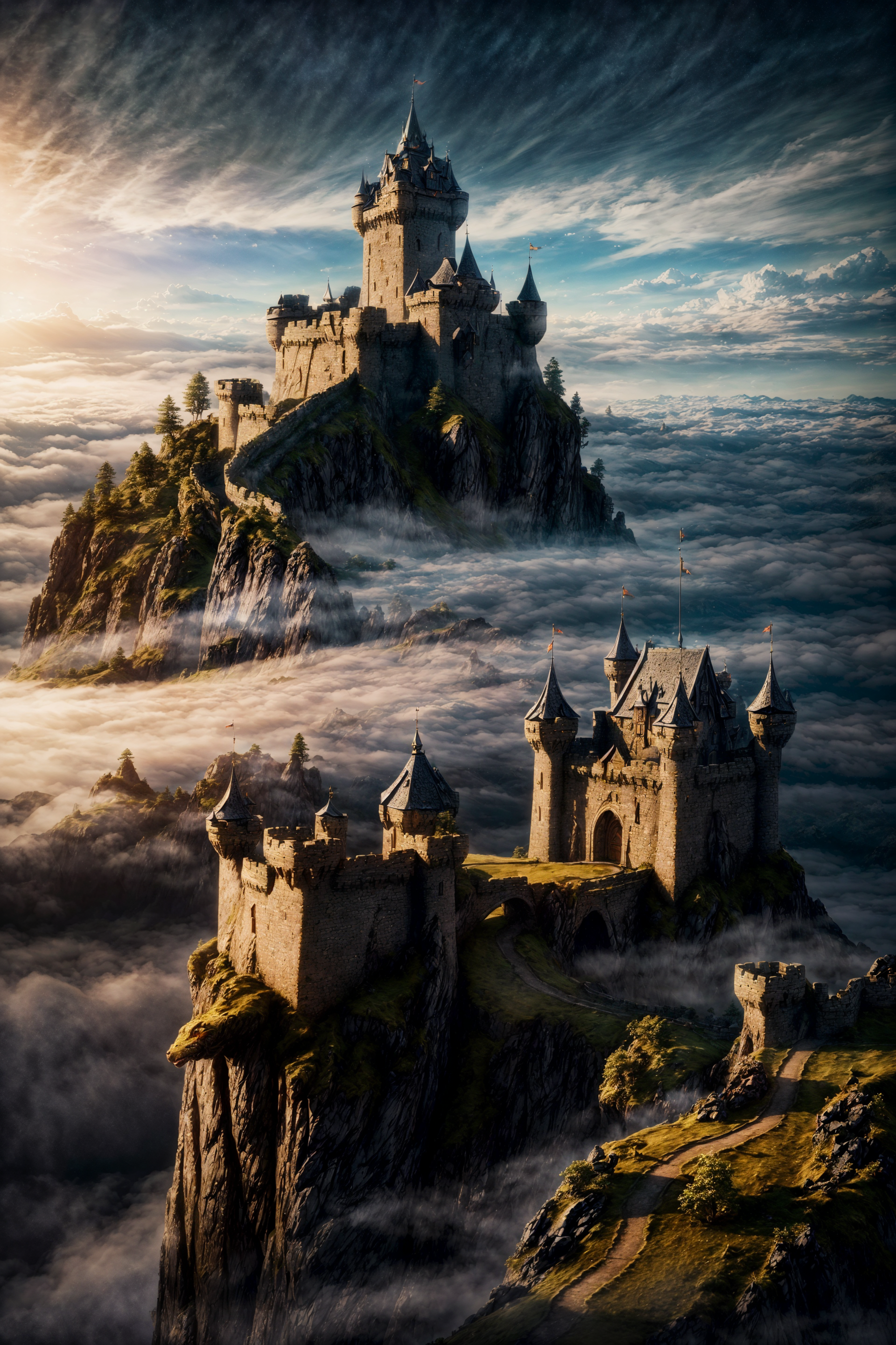 (photorealism:1.5), (realistic:1.5)
enchanted fortress and fortified  castle, above the clouds, dragon emerging from the mist, mystical atmosphere, detailed stone walls, high detail, ultra high-resolution, photorealistic, dramatic shadows, glowing light, fantasy landscape, detailed clouds, beautiful, masterpiece
 <lora:add_detail:1>