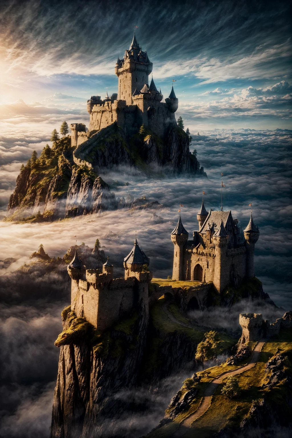 (photorealism:1.5), (realistic:1.5)
enchanted fortress and fortified castle, above the clouds, dragon emerging from the mist, mystical atmosphere, detailed stone walls, high detail, ultra high-resolution, photorealistic, dramatic shadows, glowing light, fantasy landscape, detailed clouds, beautiful, masterpiece
<lora:add_detail:1>