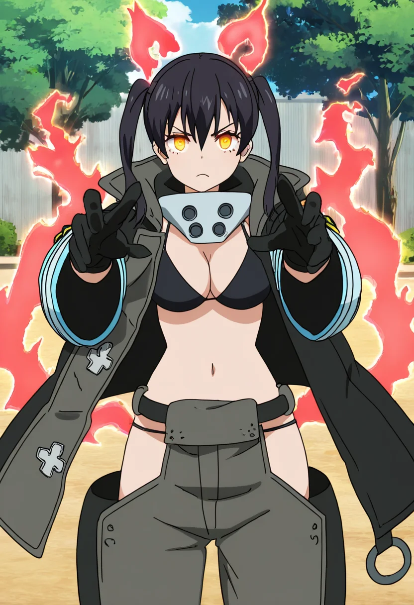 masterpiece, best quality, good quality, very awa, newest, highres, absurdres,outdoors,TamakiKotatsu-FireForce,
Tamaki Kotatsu \(Fire Force\), 1girl, solo, breasts, looking at viewer, bangs, black hair, gloves, long sleeves, navel, cleavage, hair between eyes, twintails, medium breasts, closed mouth, standing, swimsuit, yellow eyes, sidelocks, bikini, cowboy shot, outdoors, open clothes, black gloves, midriff, pants, wide sleeves, open jacket, tree, coat, black bikini, parody, outstretched arms, fire, bikini top only, open coat, black coat, hip vent, grey pants, baggy pants, Nekomata, flaming tail, flaming ear
,<lora:Tamaki Kotatsu (Fire Force) Illustrious v2:0.8>