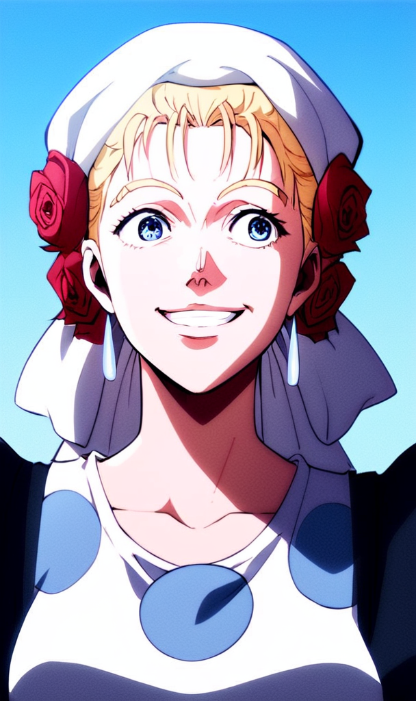 j0j0, score_8_up, score_7_up, source_manga, rating_safe, <lora:j0j0XLP:0.5>, suz1Q, girl, blonde hair, messy hair, blue eyes, cheeky smile, looking left, maid outfit, blue polkadots, white hat red roses, happy expression, upper body, outdoors, at the seaside, <lora:Jojos_Bizarre_Adventure_Suzi_Q_-_Pony:0.9>