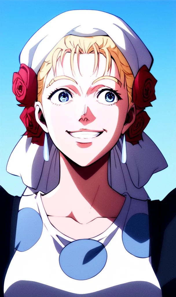 j0j0, score_8_up, score_7_up, source_manga, rating_safe, <lora:j0j0XLP:0.5>, suz1Q, girl, blonde hair, messy hair, blue eyes, cheeky smile, looking left, maid outfit, blue polkadots, white hat red roses, happy expression, upper body, outdoors, at the seaside, <lora:Jojos_Bizarre_Adventure_Suzi_Q_-_Pony:0.9>
