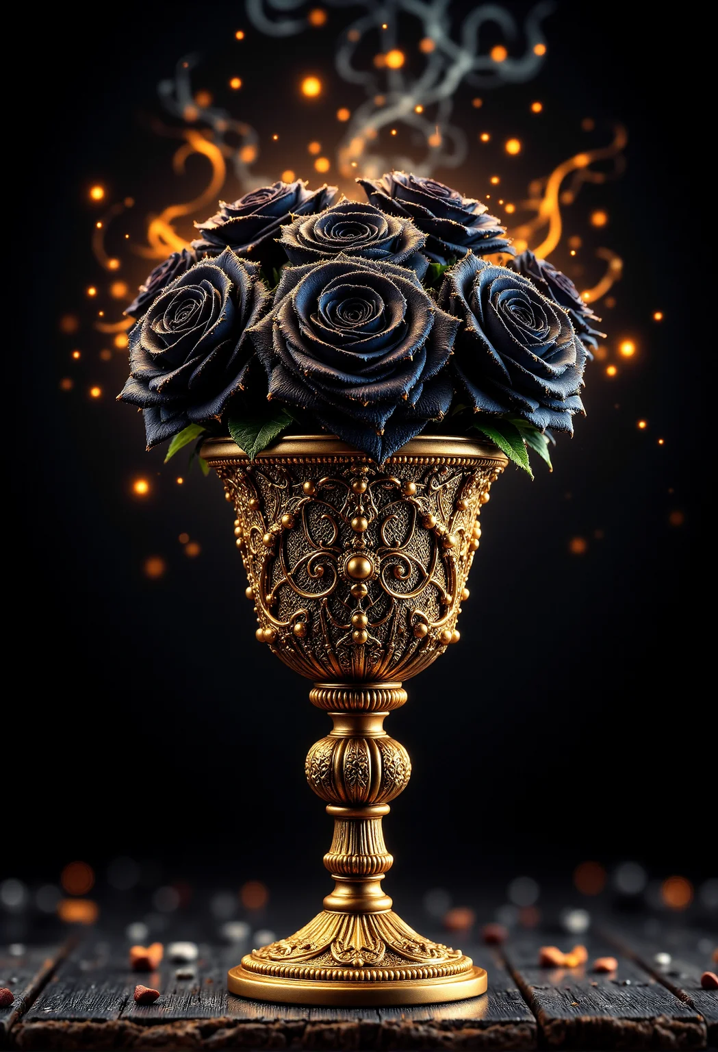 A golden chalice filled with glowing, black roses, their petals shimmering like velvet in the moonlight <lora:aidmaFLUXPro1.1-FLUX-v0.3.safetensors:0.5>, <lora:aidmaDall-E3-FLUX-v0.1.safetensors:1.0>, <lora:black_fantasy.safetensors:0.3>,
