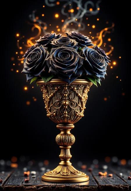 A golden chalice filled with glowing, black roses, their petals shimmering like velvet in the moonlight <lora:aidmaFLUXPro1.1-FLUX-v0.3.safetensors:0.5>, <lora:aidmaDall-E3-FLUX-v0.1.safetensors:1.0>, <lora:black_fantasy.safetensors:0.3>,