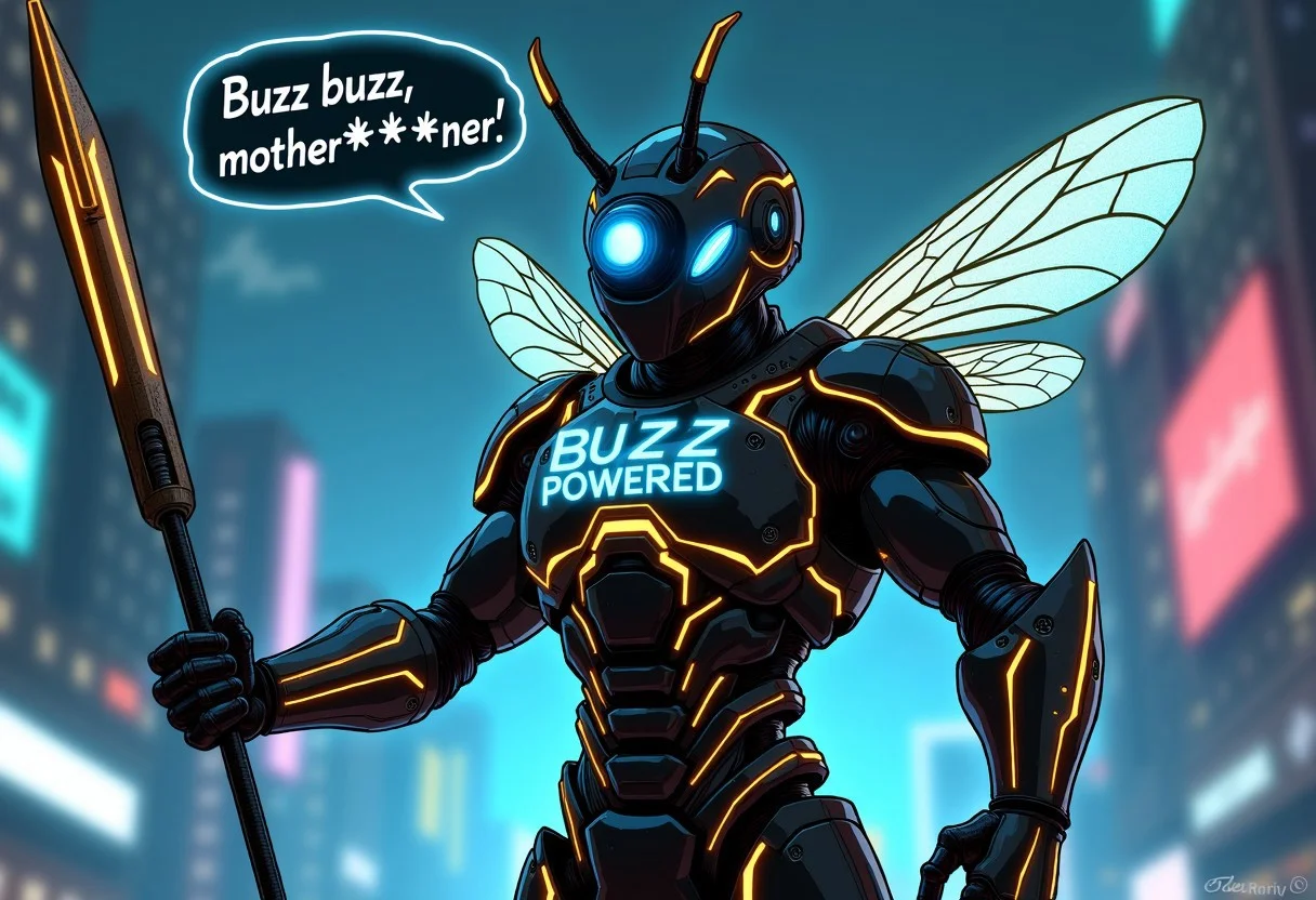 A fierce, cybernetic bee warrior stands in a power pose against a futuristic backdrop. The bee’s exoskeleton armor is sleek and high-tech, colored in glossy black with glowing neon lines tracing across it in bright blues and yellows, forming a web of circuits that pulse with energy. Across the chest plate, in bold, stylized text, it reads: “Buzz Powered.” The bee’s wings are semi-transparent with a metallic sheen, edged in neon blue, giving off a faint, electric hum.
The bee’s face is covered by a helmet with a single visor that glows an intense blue, hiding all expression but exuding an aura of cool, focused energy. In one hand, it holds a futuristic spear-like weapon, also lined with neon light, and the other fist is clenched as if ready for action.
A speech bubble hovers near its head, proclaiming:
“Buzz buzz, mother****er!”
In the background, digital skyscrapers and flickering neon signs create a cyberpunk cityscape, casting a glow that makes the bee warrior look even more intimidating and cool. The whole image has a mix of edgy humor and intense style, perfectly capturing the vibe of a buzz-powered cyber-bee on a mission.