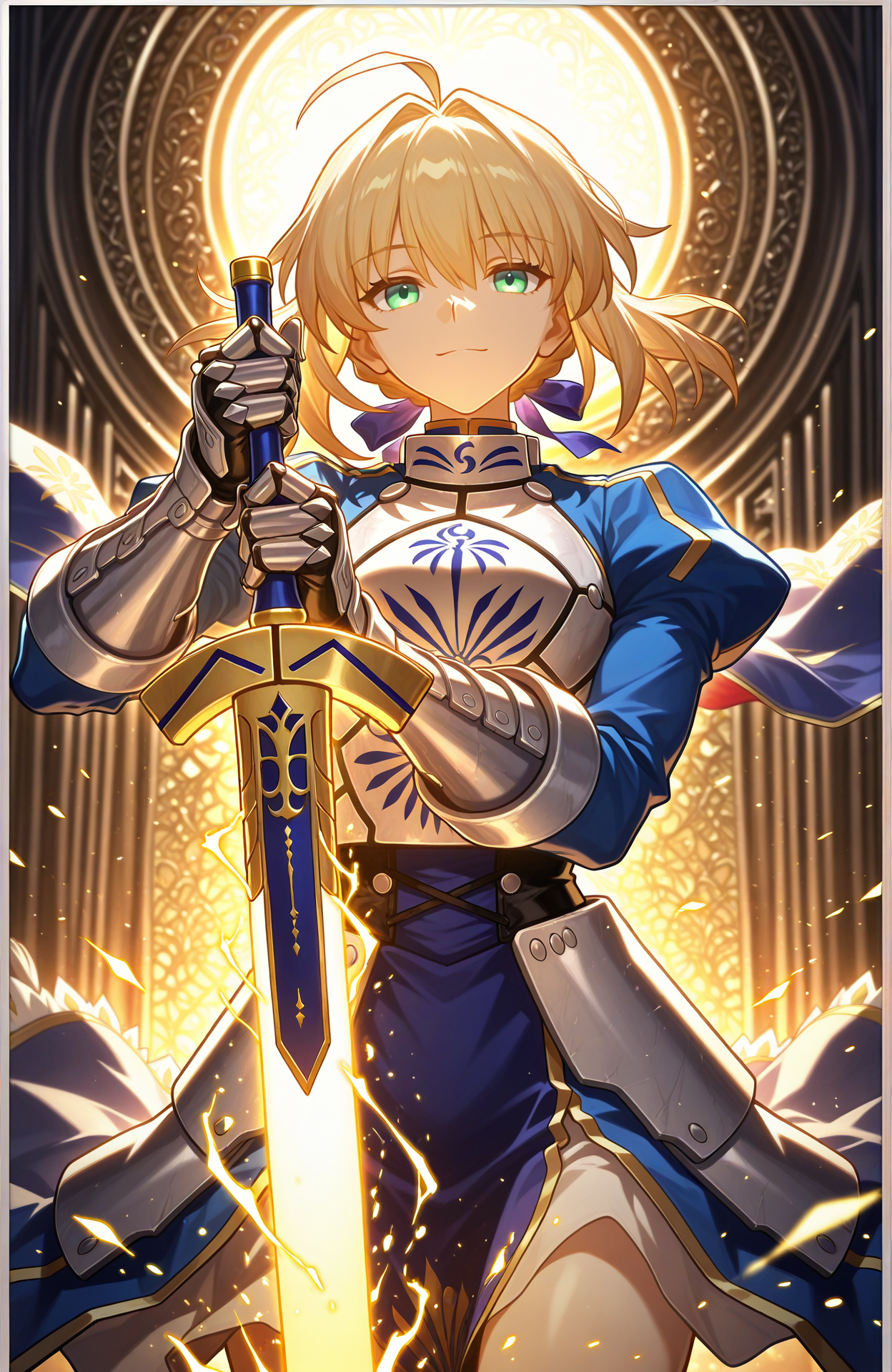 (1girl,solo),artoria_pendragon_\(fate\),looking_at_viewer,armor,side_braids,happy,cowboy_shot,holding sword,excalibur_\(fate/stay_night\),glowing_sword,yellow light,