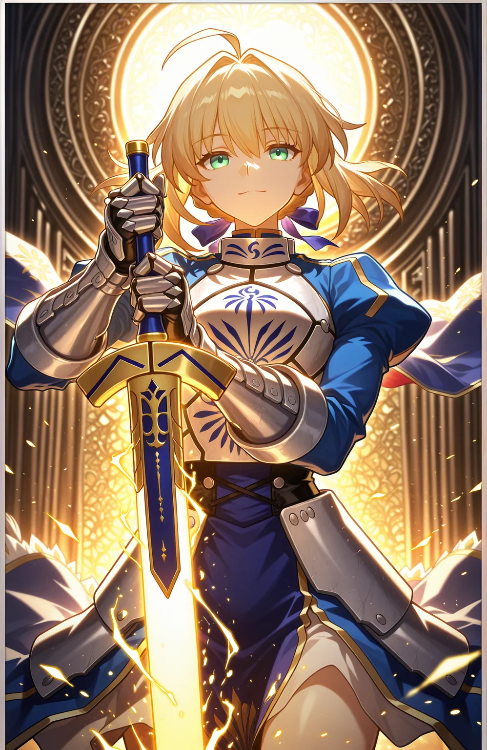 (1girl,solo),artoria_pendragon_\(fate\),looking_at_viewer,armor,side_braids,happy,cowboy_shot,holding sword,excalibur_\(fate/stay_night\),glowing_sword,yellow light,