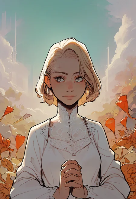source_anime, score_9, score_8_up, score_7_up, 1girl, solo, Standing straight with hands clasped behind, atmospheric perspective, upper body, rating_safe, <lora:sdxl\pony diffusion\artist_styles\incase_old_pony:1.0>