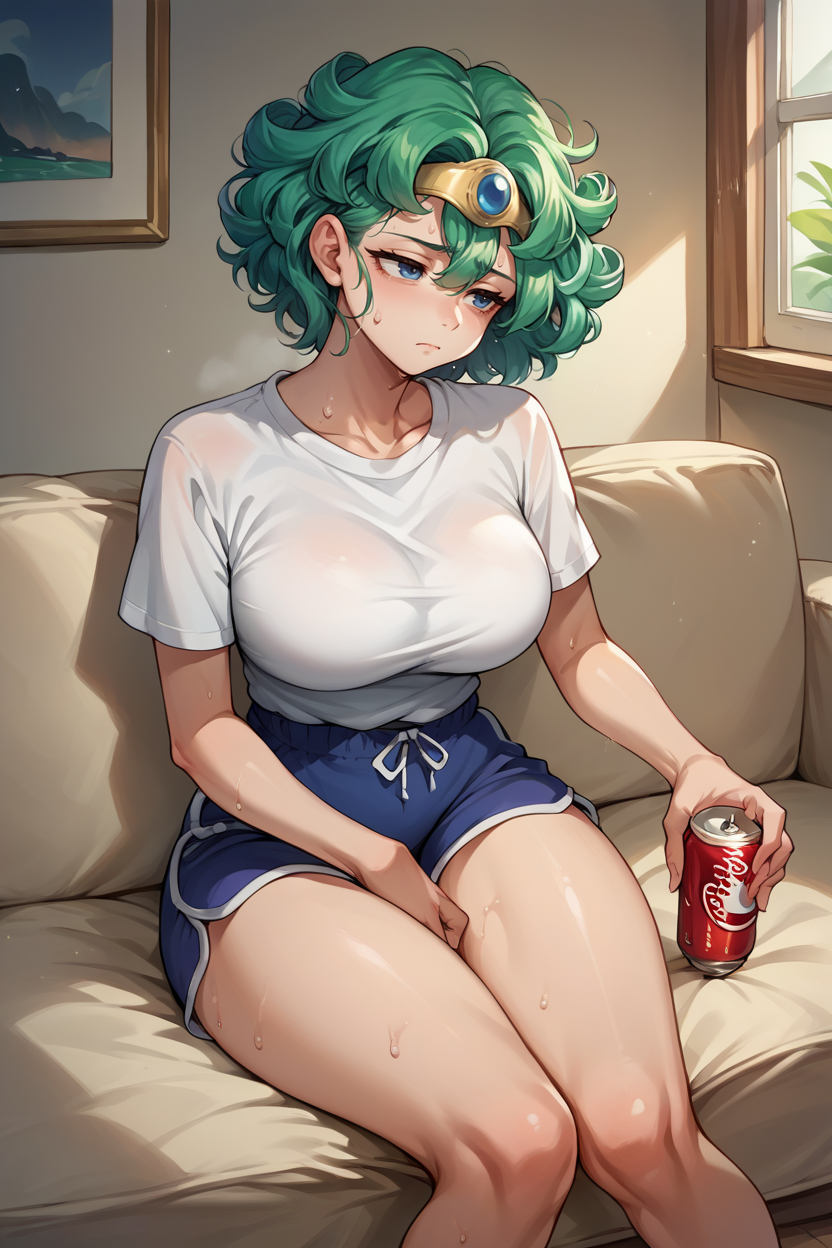 score_9, score_8_up, score_7_up, score_6_up, source_anime, 1girl, solo  <lora:dq4sofia-pdxl-nvwls-v1-000005:1> dq4sofia, curly hair, green hair, tiara, large breasts, white t-shirt, sweat, sitting, dolphin shorts, blue shorts, couch, apartment, holding soda, tired