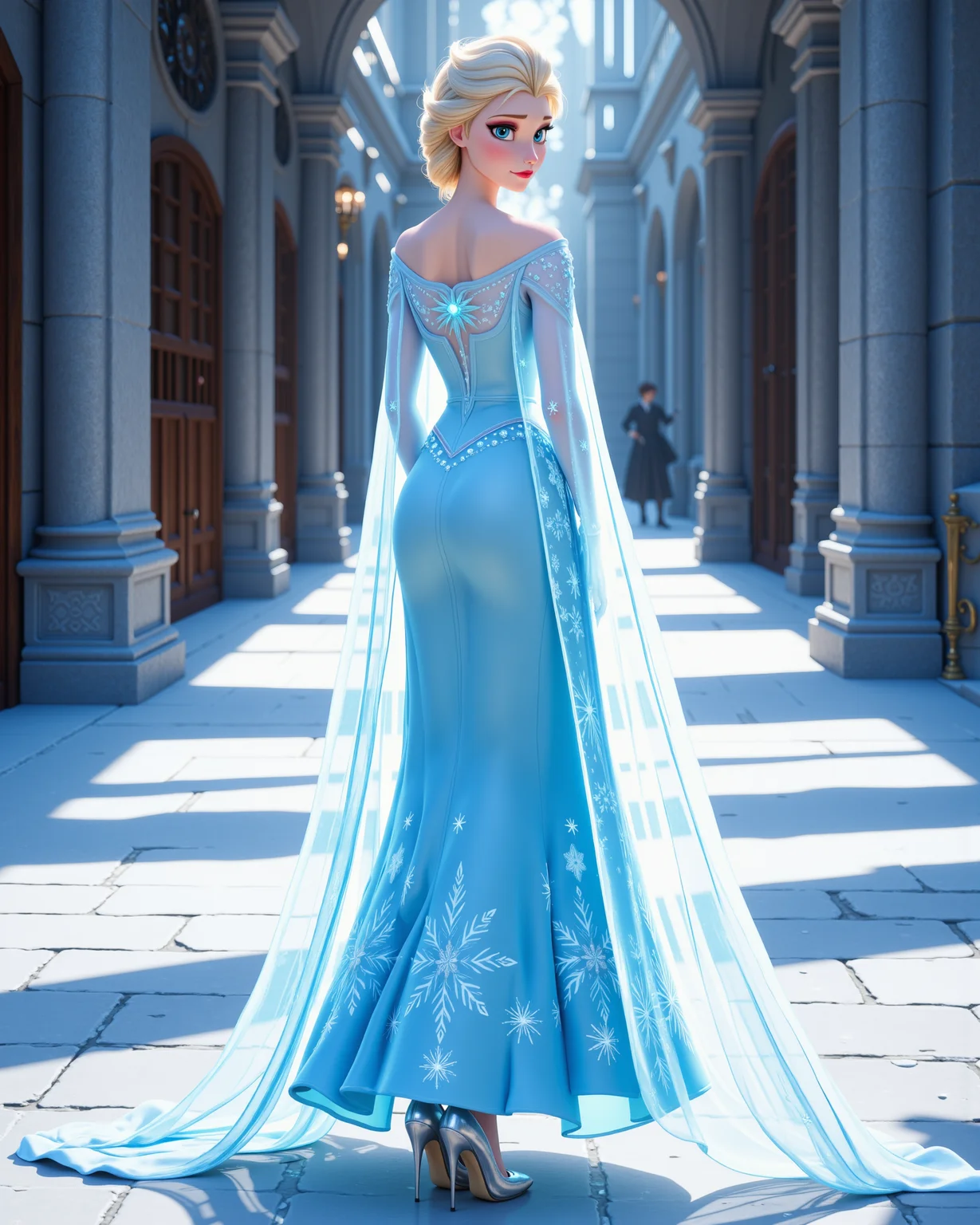 -looking at viewer, outdoors daylight, a 20 year old adult mature woman.
3d CGI Style,  back view photo of.
<lora:Frozen_-_Elsa_v2_000030:1> f-elsa, blue eyes, blonde hairice blue off-shoulder gown with sparkling snowflake patterns, sheer icy cape flowing from back, glittering high heels
Upper Body view passport style