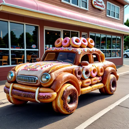 DonutMention, a car made of doughnuts, parked at a diner, small town, sidewalk covered in donuts, masterpiece, high detail