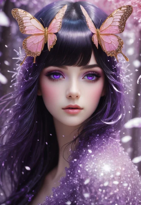 masterpiece, newest,absurdres,incredibly absurdres,1girl, solo, bug, butterfly, bangs, black hair, looking at viewer, long hair, blunt bangs, covered mouth, purple eyes, purple theme, eyelashes, flower, pink eyes, snowflakes, 
dark_theme,abstract background, made of crystals,
depth of field,white sphere on the background,usnr