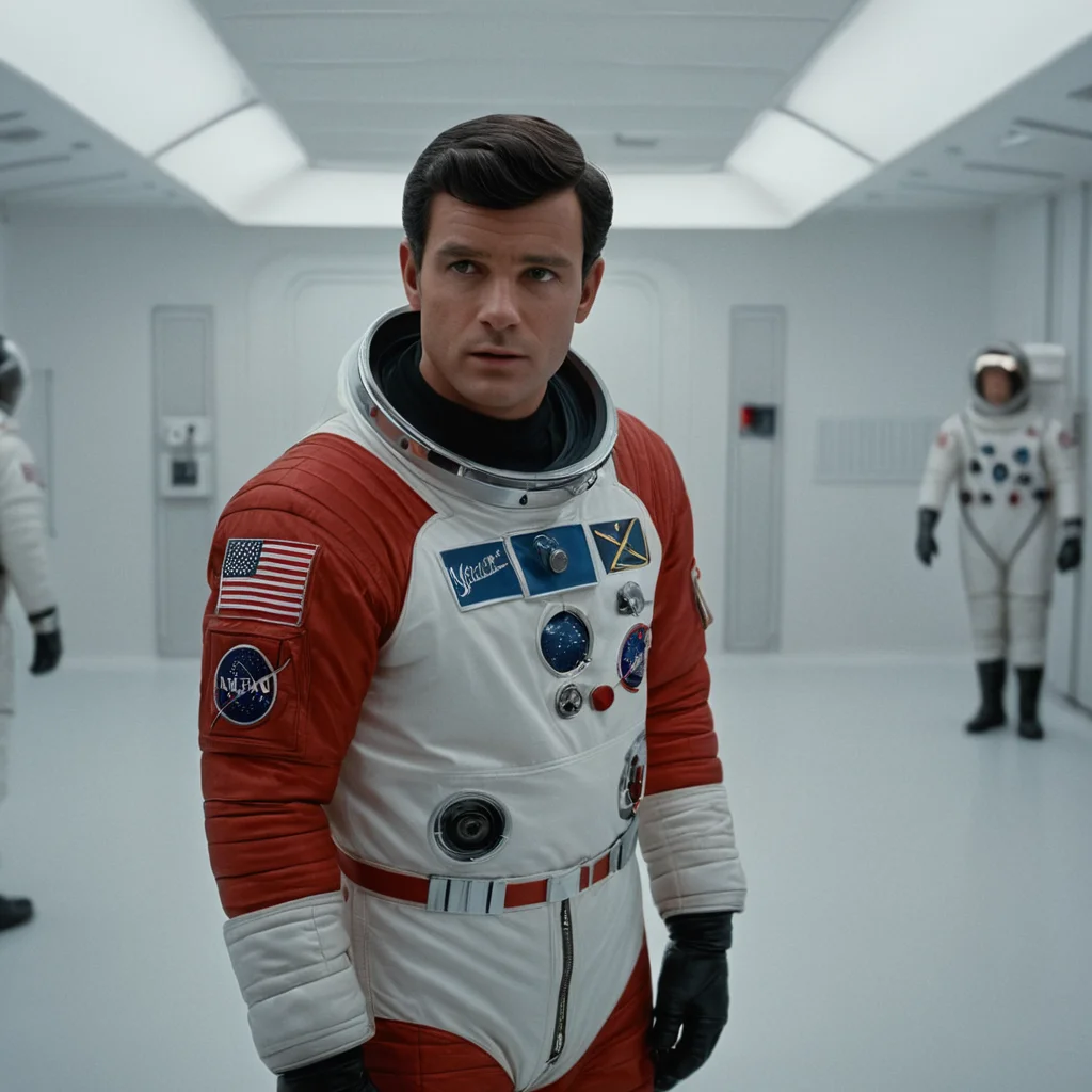 cinematic film still of <lora:1960's style:1>
In the 1960's a man in a red space suit standing in a white room,solo,looking at viewer,black hair,gloves,1boy,male focus,helmet,science fiction,realistic,pilot suit,spacesuit,astronaut ,realistic,realism, detailed, perfection,perfect,filmic,retro,vintage,classic,different haircut,different look,different style,1960's style , 1960 style, shallow depth of field, vignette, highly detailed, high budget, bokeh, cinemascope, moody, epic, gorgeous, film grain, grainy