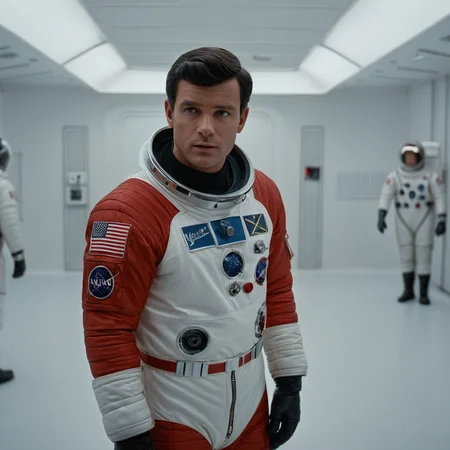 cinematic film still of <lora:1960's style:1>
In the 1960's a man in a red space suit standing in a white room,solo,looking at viewer,black hair,gloves,1boy,male focus,helmet,science fiction,realistic,pilot suit,spacesuit,astronaut ,realistic,realism, detailed, perfection,perfect,filmic,retro,vintage,classic,different haircut,different look,different style,1960's style , 1960 style, shallow depth of field, vignette, highly detailed, high budget, bokeh, cinemascope, moody, epic, gorgeous, film grain, grainy