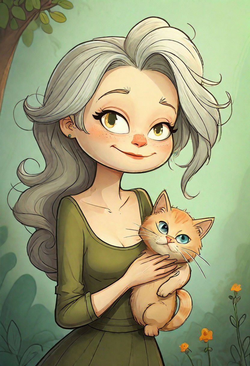 cute, Armity, (Persian:1.2) Goddess of Earth and nature, Goddess of modesty and love, fair white skin, old (mother) of the forest, silver hair, green hues, big expressive brown eyes, BREAK,
holding a ginger cat in her hug madonna style, BREAK, (heart-shaped red pattern:0.3), soft and cuddly, white flowers