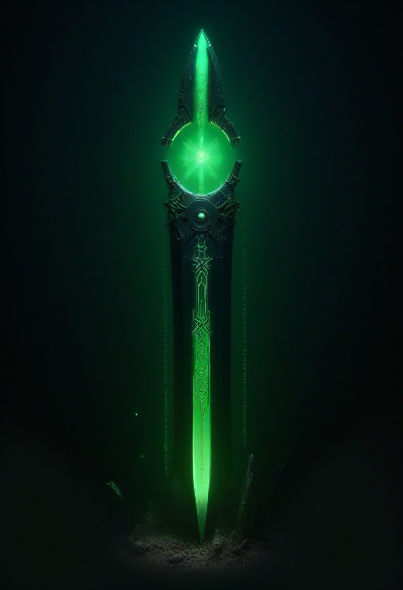 green sun, electricity, green glow, green theme, Necron, closeup shot of a giant sword with runes on the blade,