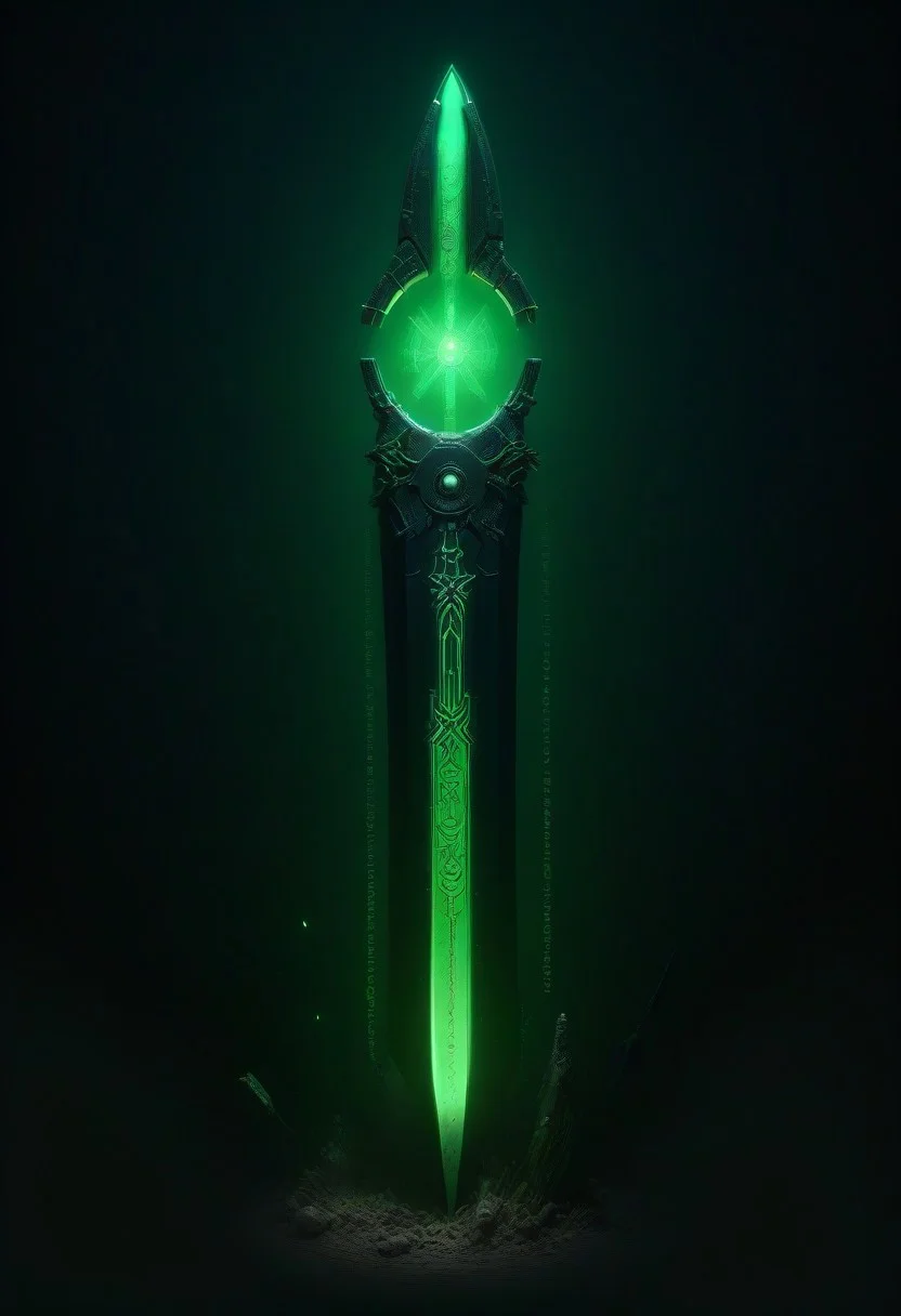 green sun, electricity, green glow, green theme, Necron, closeup shot of a giant sword with runes on the blade,