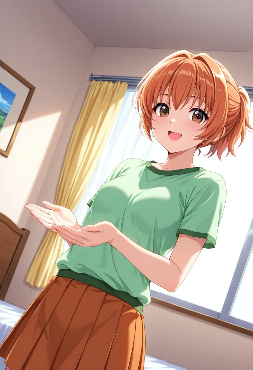 general,highres, ultra-detailed,very aesthetic,best quality ,best hands,best eyes,easynegative,
dynamic anglre, dutch angle, anime cloring,
1girl solo,looking at viewer,indoors,smile,open mouth, bedroom, 
Arisa Kumagaya,orange hair, short ponytail, brown eyes, small breasts, short body,shirt,skirt,