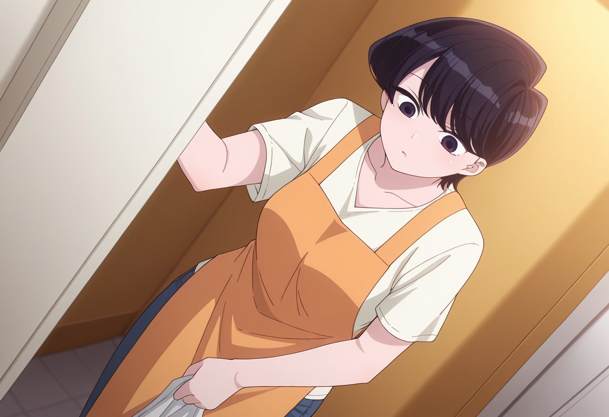 Rating 9, Rating 8, Rating 7, Rating 6, Rating 5, Rating 4, Masterpiece, Superior Quality, Amazing Quality, Masterpiece, Highest Quality, Ultra-detailed, Dynamic Angle, Dynamic Composition, Alone, white frame, maximum contrast, saturated color, bright colors, dynamic lighting,
1 girl, medium shot,vibrant colors, high contrast,
komishuukocnn, 1girl,black hair, short hair, bangs, purple eyes,mature female,
shirt, jeans, short sleeves,
wearing an apron, laundry room, putting away dirty clothes,