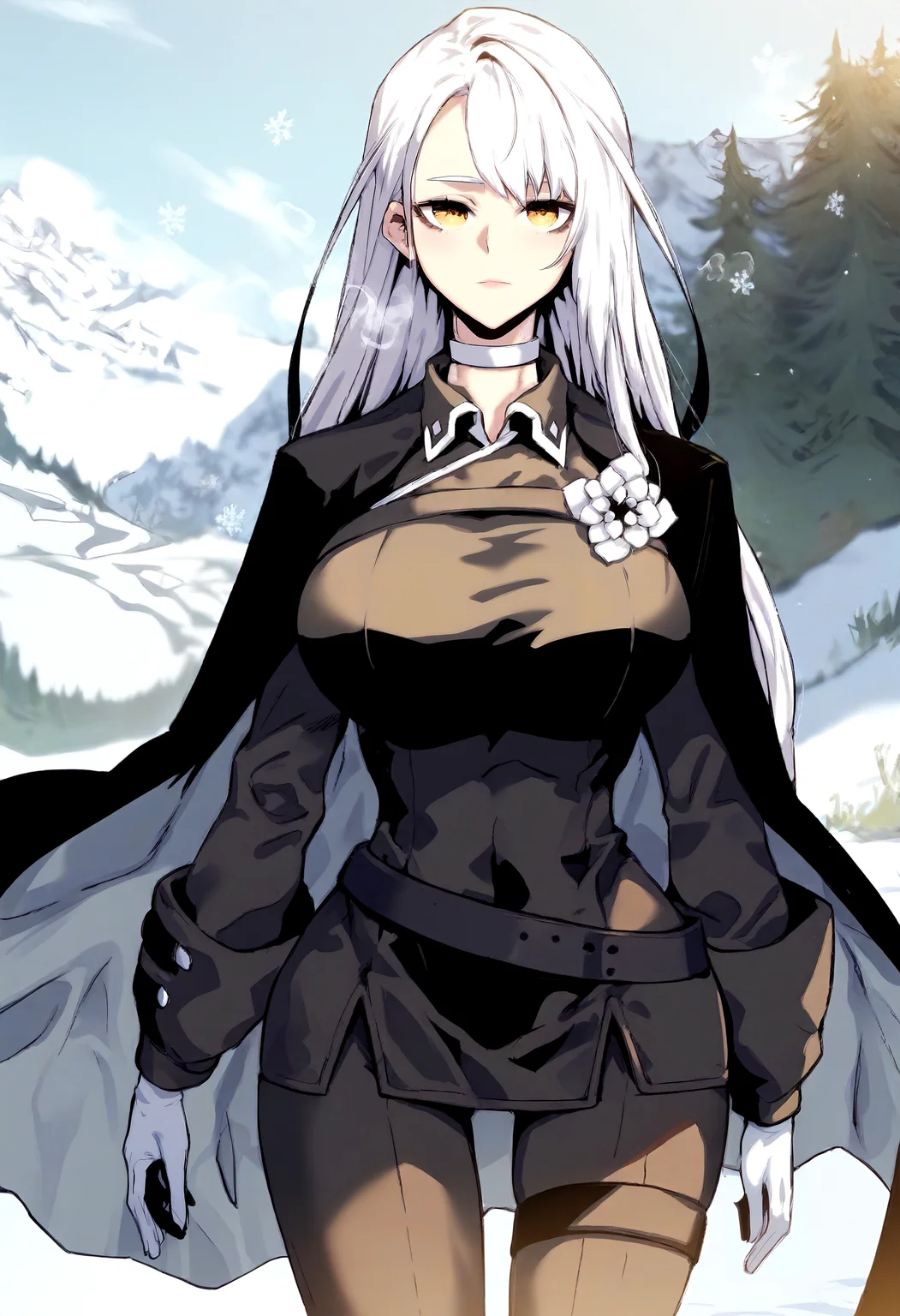 score_9, score_8_up, score_7_up, score_6_up, source_anime, rating_explicit, 1girl, solo, huge breasts, <lora:Dacia Irmel prefectPonyxl:1> long hair, white hair, yellow eyes, white choker, black cape, black jacket, long sleeves, collared, white flower, white gloves, belt, black pants, thigh strap, expressionless, Narrow shoulders, heavy breathing, steaming body, snow field, outdoors, looking at viewer