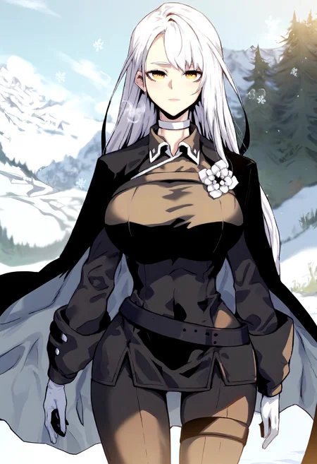 score_9, score_8_up, score_7_up, score_6_up, source_anime, rating_explicit, 1girl, solo, huge breasts, <lora:Dacia Irmel prefectPonyxl:1> long hair, white hair, yellow eyes, white choker, black cape, black jacket, long sleeves, collared, white flower, white gloves, belt, black pants, thigh strap, expressionless, Narrow shoulders, heavy breathing, steaming body, snow field, outdoors, looking at viewer