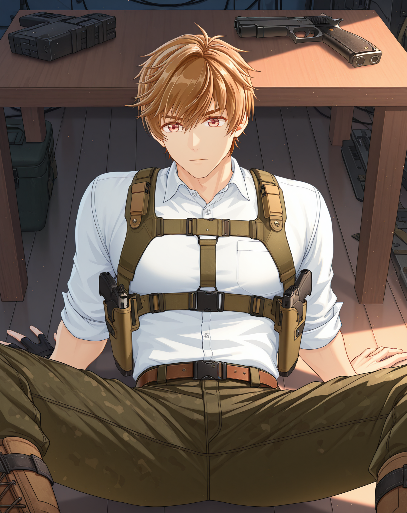 masterpiece, best quality, absurdres, very aesthetic, original style, 
1boy, solo, yaoi, male focus,
<lora:Luke_Pearce_ilxl:1> lukepearce, brown hair, hazel eyes, short hair, 
white shirt, polo shirt, green pants, black gloves, shoulder holster, boots, closed mouth, brown footwear,belt,collared shirt, black pants, single glove, sleeves rolled up, fingerless gloves, long sleeves, harness, brown pants,
indoors,  weapon, gun,  handgun, table, holstered, on floor, sitting, on back,