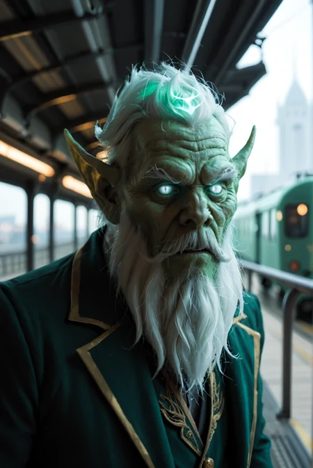 <lora:necrophos_v1:1>
necrophos_v1, 1boy, old, old man,
pointy ears,
colored skin, green skin,
facial hair, long white beard,
glowing eyes, white eyes, no pupils, blank eyes,, score_9, score_8_up, score_7_up, solo,
blur censor, blurry, blurry background, blurry foreground, bokeh, motion blur,
chromatic aberration, depth of field, figure, focused, focus
sky, train station platform,outdoor, city, street, train station, rails, looking at the viewer, shy face, blush, in love with viewer, hands on hem,