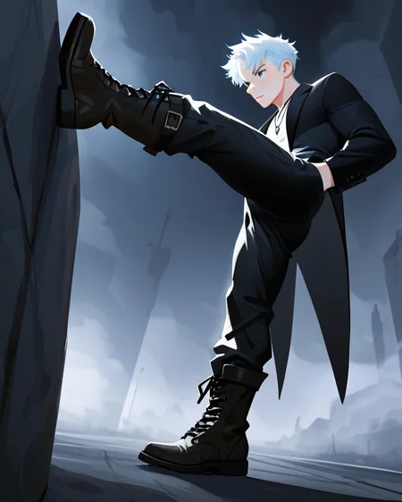 masterpiece, best quality, amazing quality, very aesthetic, absurdres, newest, 1boy, male focus, 21 years  old,  full body, head to toe, dynamic pose, blue eyes, eyeshd, tailcoat, long pants, knee high lace up boots, necklace, highly detailed eyes, from the side,  confident, serious, abstract background, dark, light, fog, masterpiece, best quality, amazing quality, very aesthetic, absurdres, newest, volumetric lighting,
 freckles, muscular, no-lineart style, big eye background,
breeze style
<lora:Bree_Style_Hv2:1>