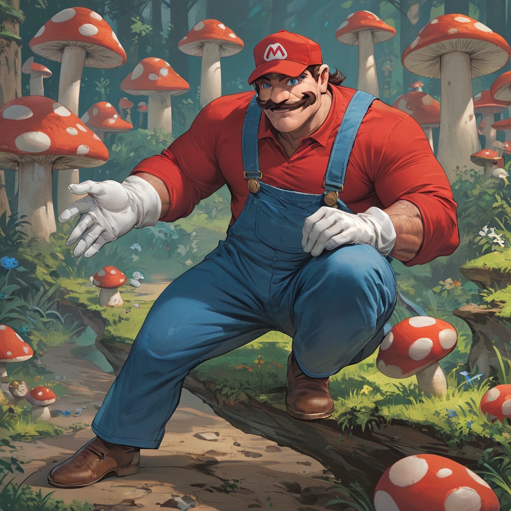 score_9, score_8_up, score_7_up, score_6_up, masterpiece, best quality, 1boy, super mario, mustache, short,red hat,blue overalls,  long sleeve red shirt, white gloves, brown shoes, big nose, smile, mushroom kingdom, jump,blue eyes